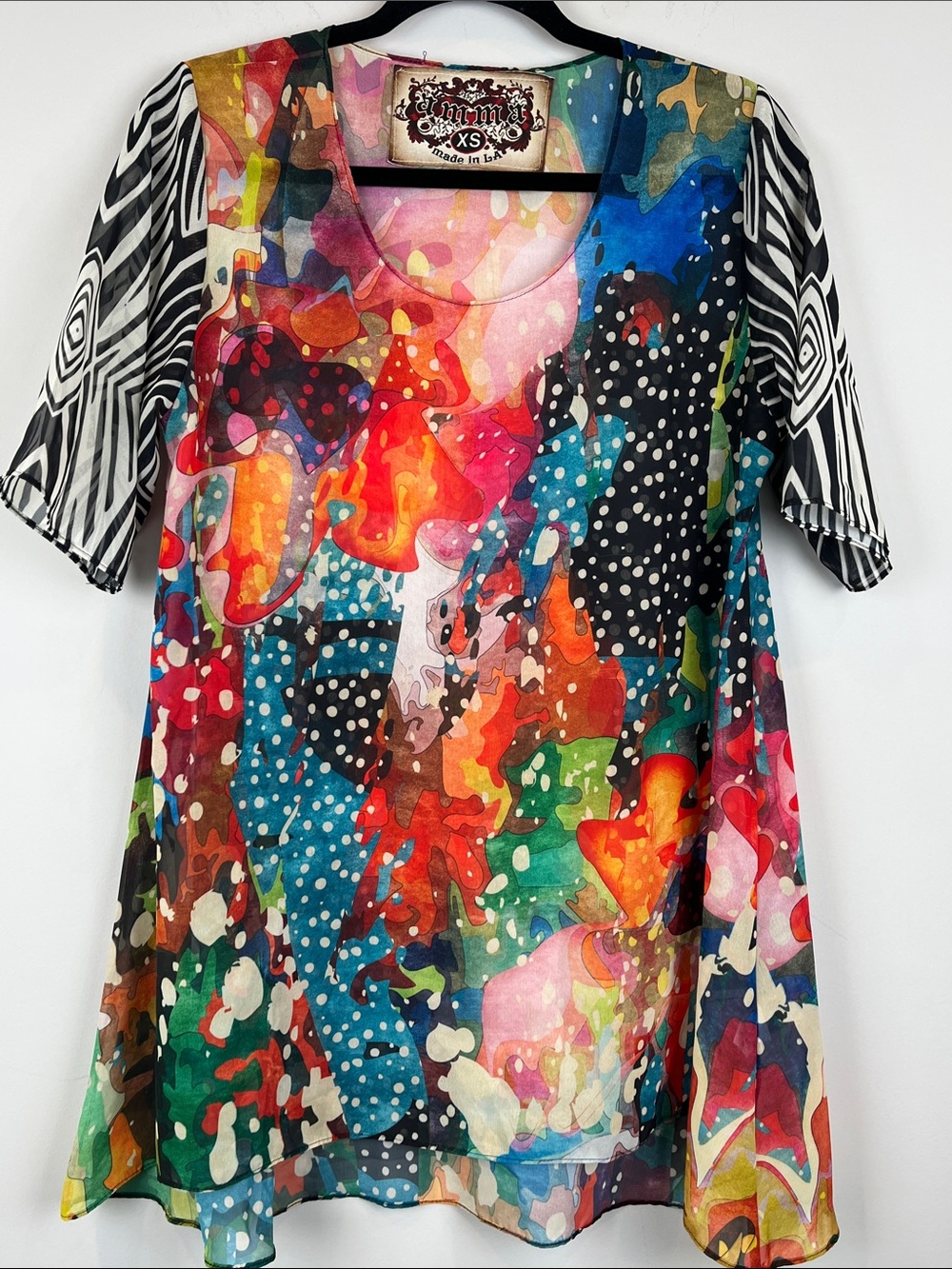 Amma Made in LA Colorful Abstract Print Sheer Scoop Neck Tunic Top Size XS